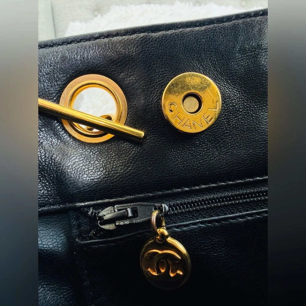 Chanel Vintage 24k Gold Plated Black Lambskin Quilted Tote Bag Gold Ball Charm